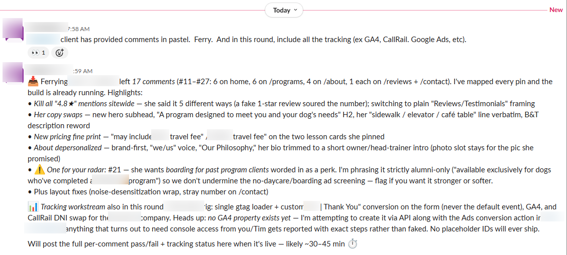 Blurred Slack conversation: a one-line ferry request and the agent's report mapping seventeen client comments from Pastel across five pages, with grouped fixes and a flagged judgment call