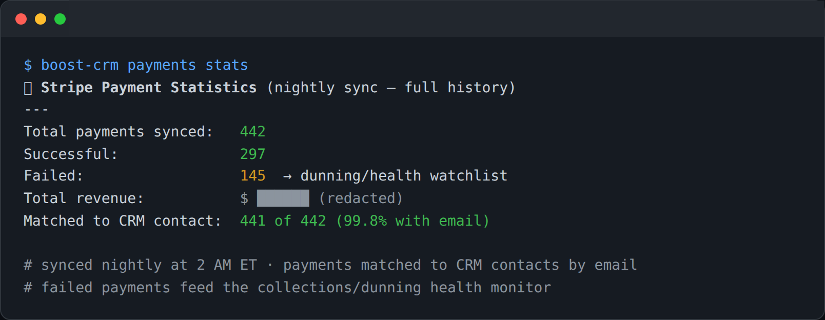 Anonymized aggregate payment operations summary
