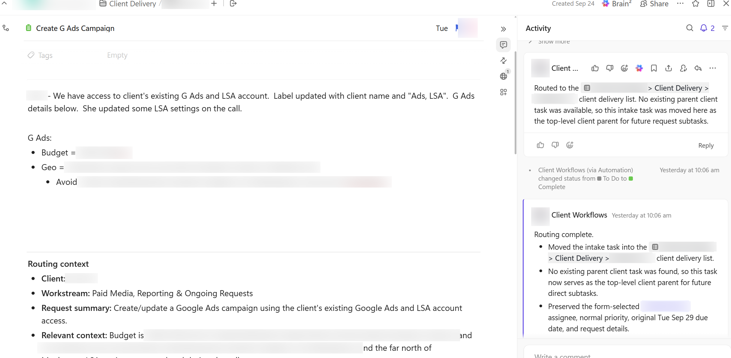 A finished task in the project management system: full description, routing context, and the automation activity log showing the agent filing and assigning it — client and personal details blurred.