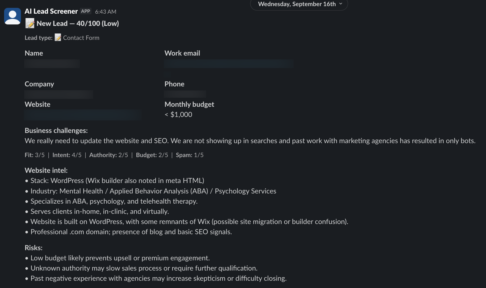The scanner's scored-lead card in team chat: a 40/100 (Low) contact-form lead with fit/intent/authority/budget/spam scoring, website intel, and risk reasoning attached (lead identity blurred)
