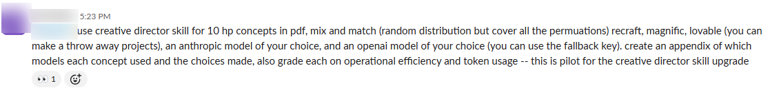 The one-line chat assignment that started the competition: engines named, permutations requested, an appendix of who-made-what, and efficiency grading — sender anonymized