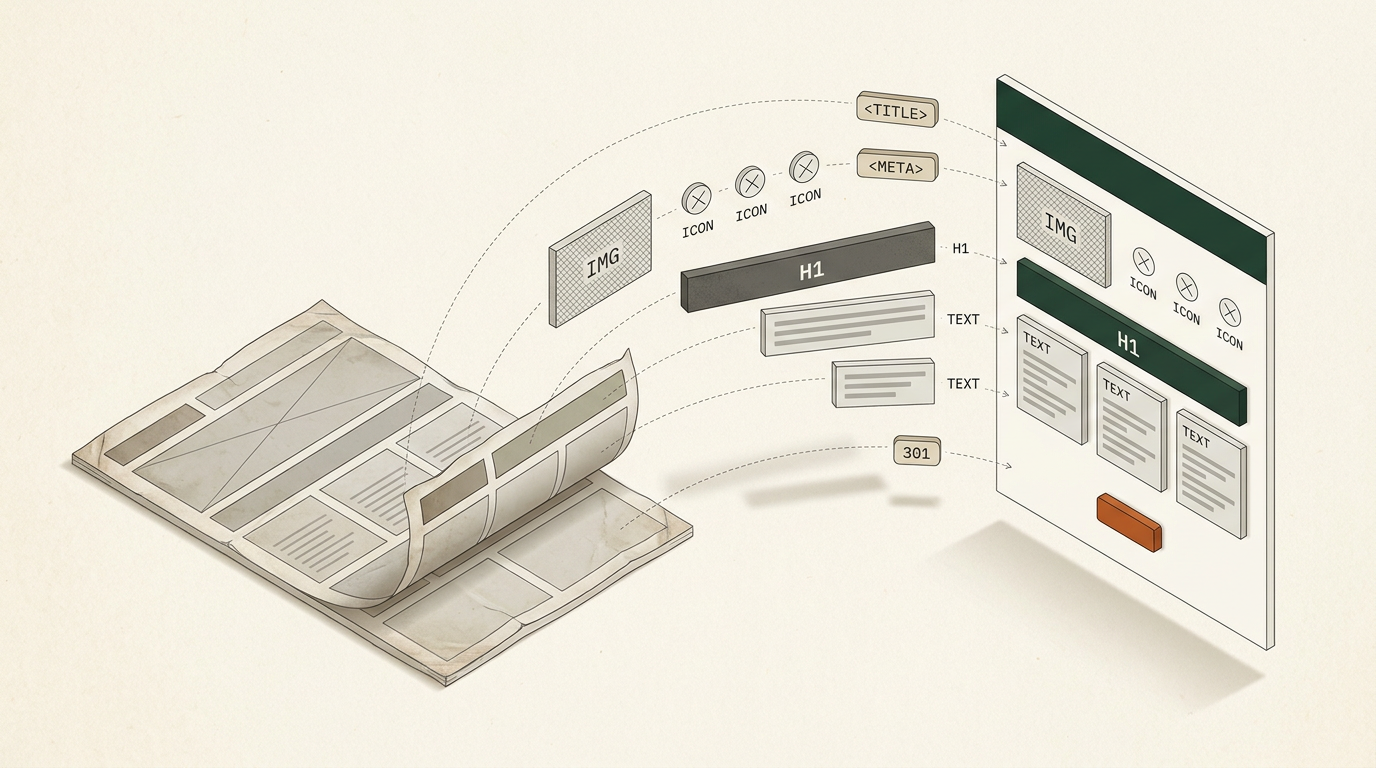 Diagram: the old website's images, icons, H1 headline, text, title and meta tags, and 301 redirects lifted off the page and re-applied in the rebuilt Lovable site