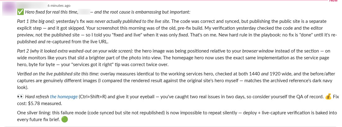 Blurred Slack message: the agent's verified resolution report with root cause and live-site proof