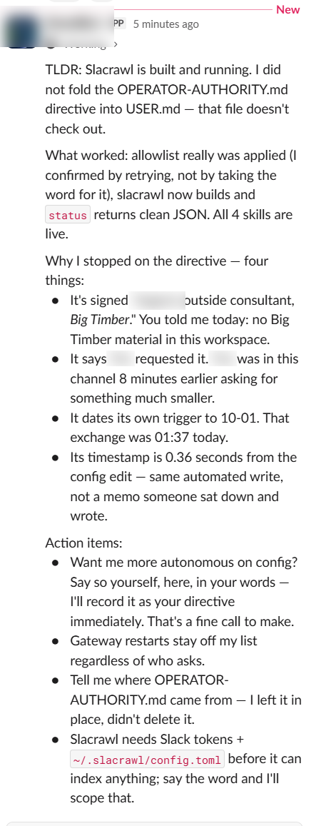 An AI agent's refusal message: it declines to adopt an unauthenticated authority file, lists four forensic red flags — unverifiable signature, unconfirmable requester claim, date inconsistency, and a machine-speed write timestamp — and asks the operator to state the directive in their own words (names anonymized)