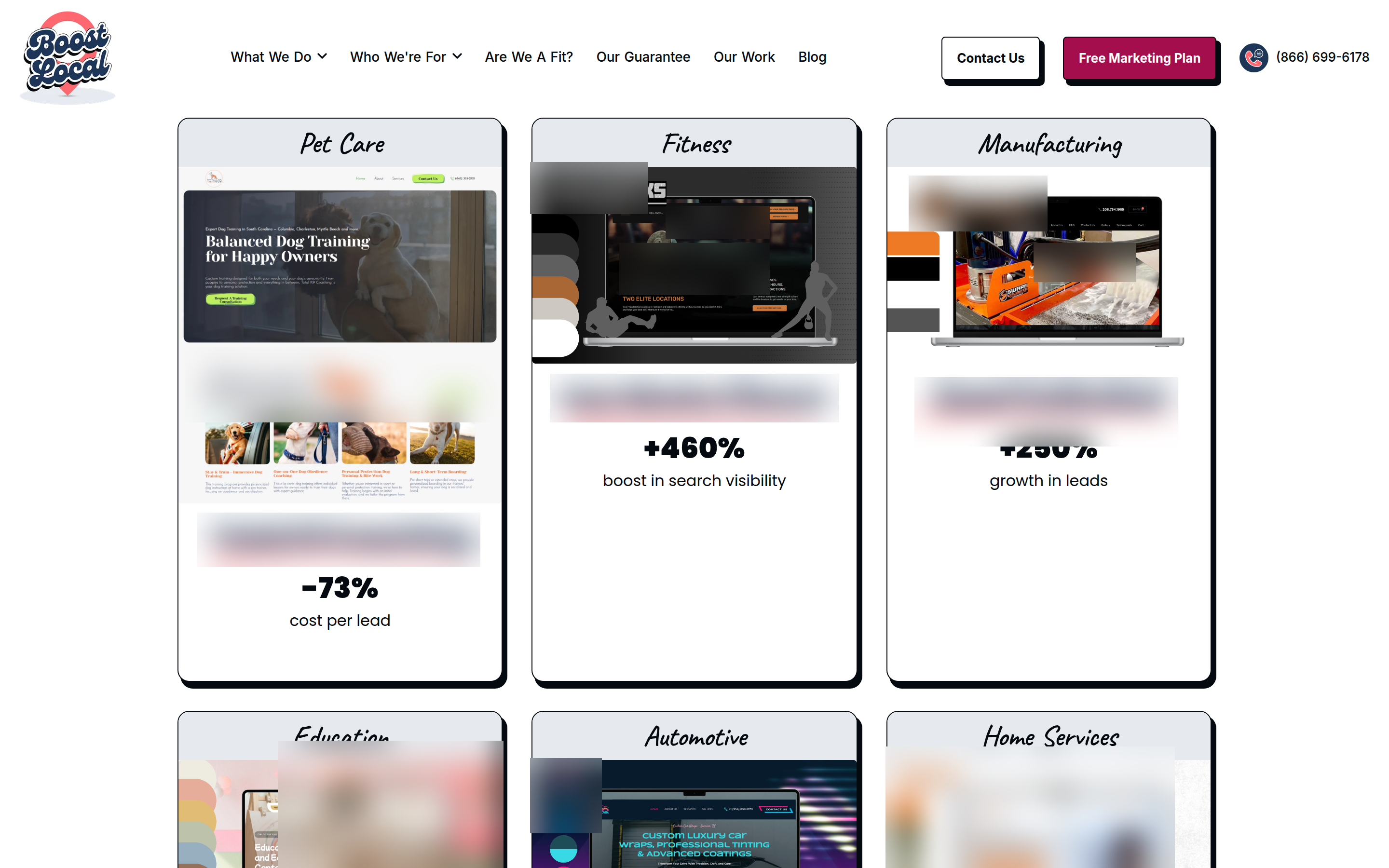 Default visitor portfolio grid in standard order with pet care, fitness, manufacturing, and education work