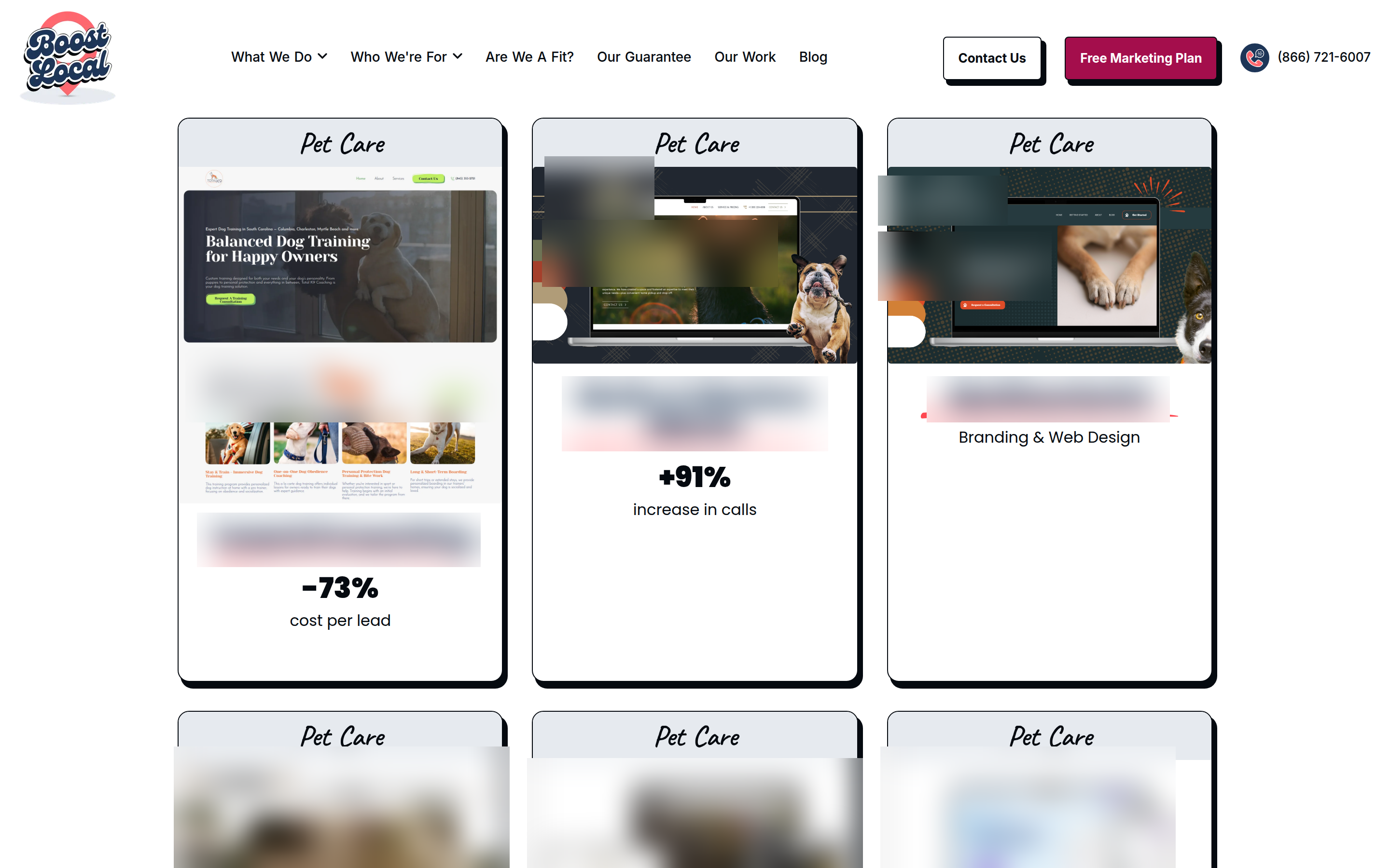 After a tagged dog training ad click, the portfolio grid silently reorders with dog and pet-care work first